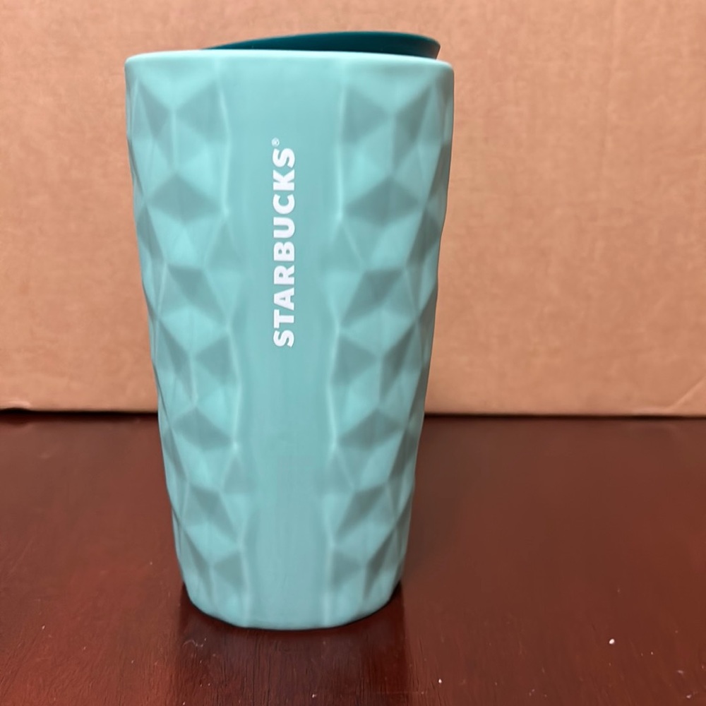 NEW Starbucks 2021 Christmas  Ceramic Green/teal Diamond Geometric Tumbler 12oz